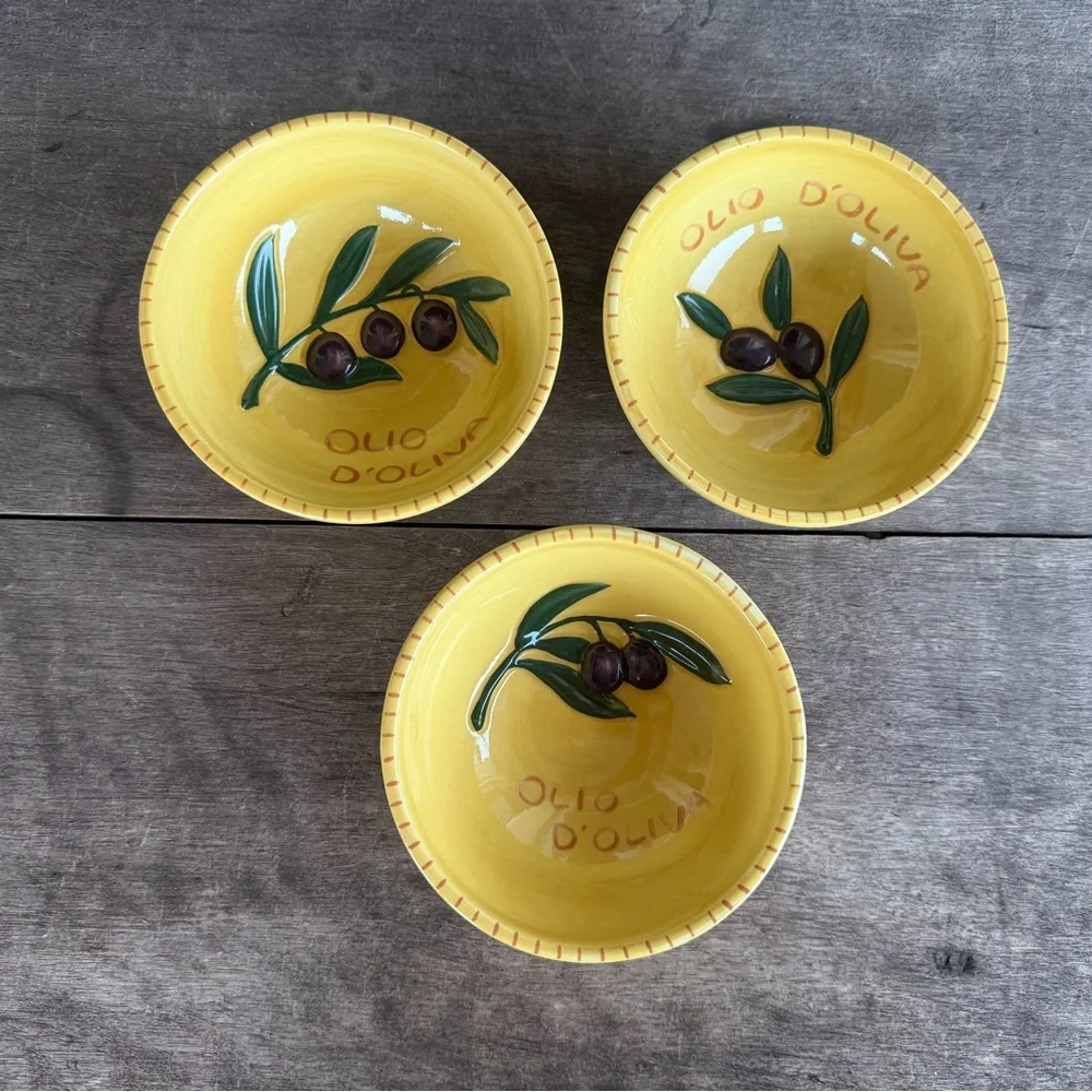 Williams-Sonoma Ceramic Dipping Bowls Olio D’Oliva Yellow Olive Design Set of 3